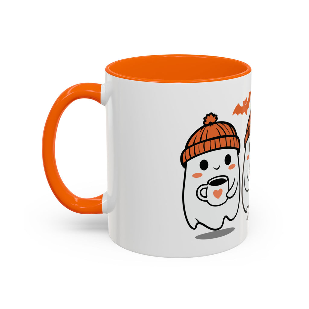 Halloween Ghosts Coffee Mug — Cute Ghosts in Knit Hats with Pumpkin Spice Drinks (11/15oz)