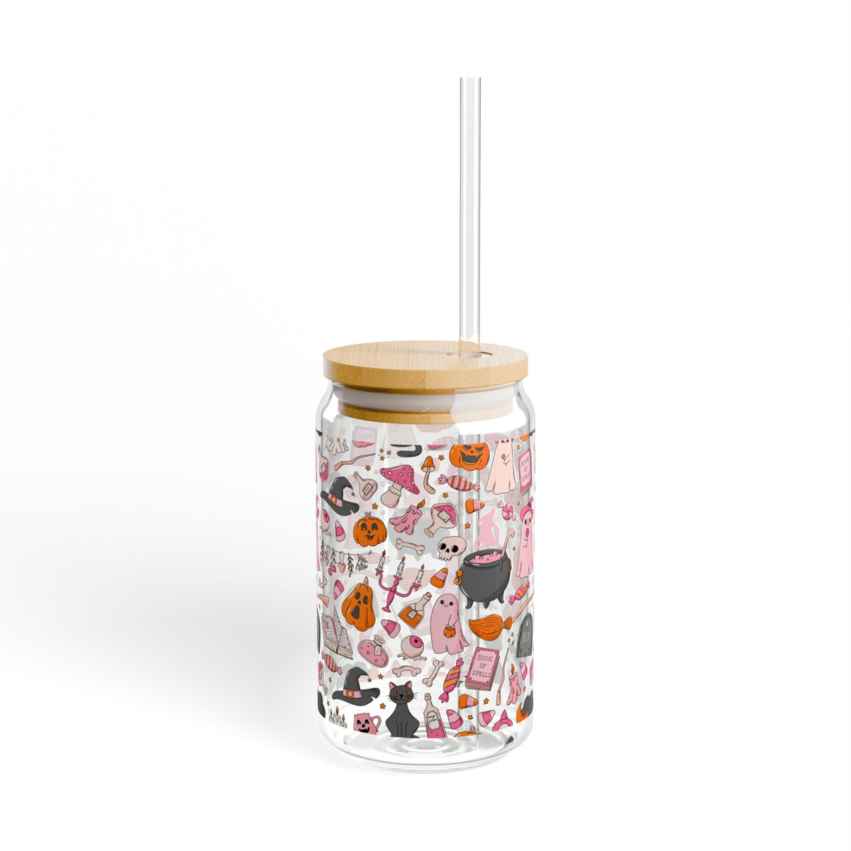 Halloween Doodle Sipper Glass — 16oz Cute Spooky Straw Tumbler