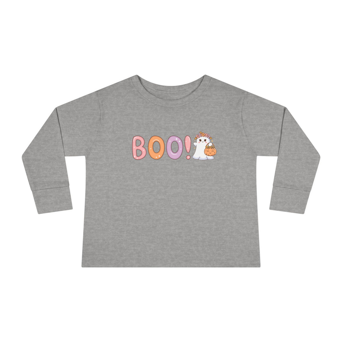 Toddler Long Sleeve Tee — Cute "Boo!" Halloween Ghost & Pumpkin Shirt