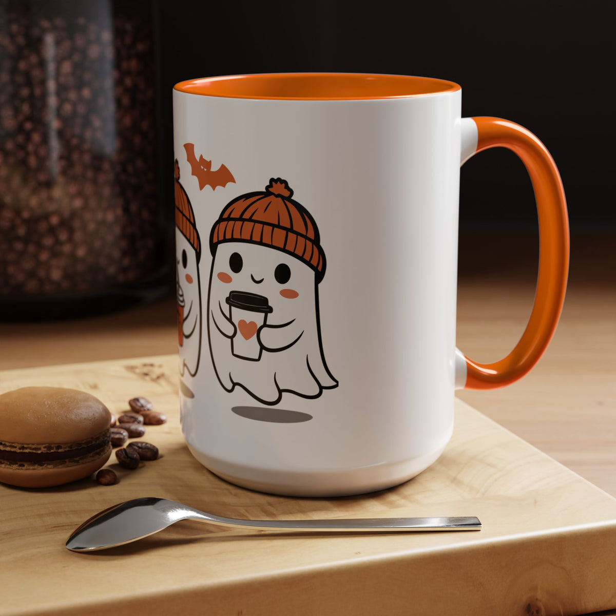 Halloween Ghosts Coffee Mug — Cute Ghosts in Knit Hats with Pumpkin Spice Drinks (11/15oz)