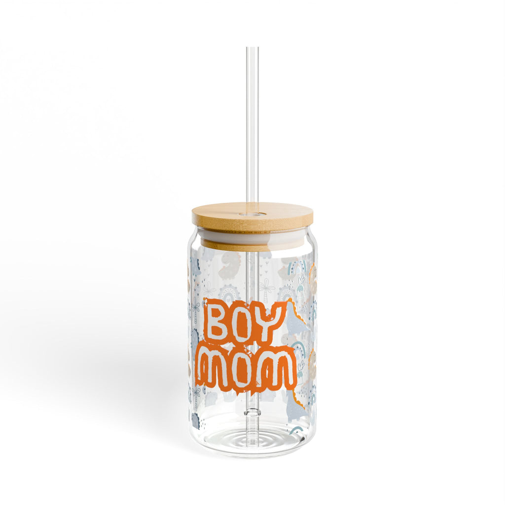 Boy Mom 16oz Sipper Glass - Cute Dino Pattern Drinking Jar with Straw