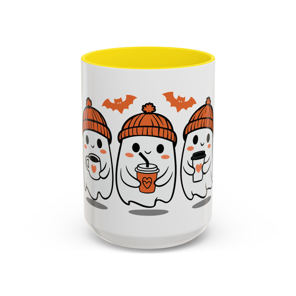 Halloween Ghosts Coffee Mug — Cute Ghosts in Knit Hats with Pumpkin Spice Drinks (11/15oz)
