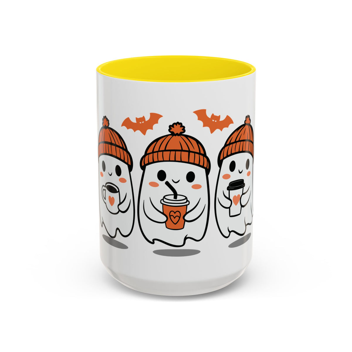Halloween Ghosts Coffee Mug — Cute Ghosts in Knit Hats with Pumpkin Spice Drinks (11/15oz)