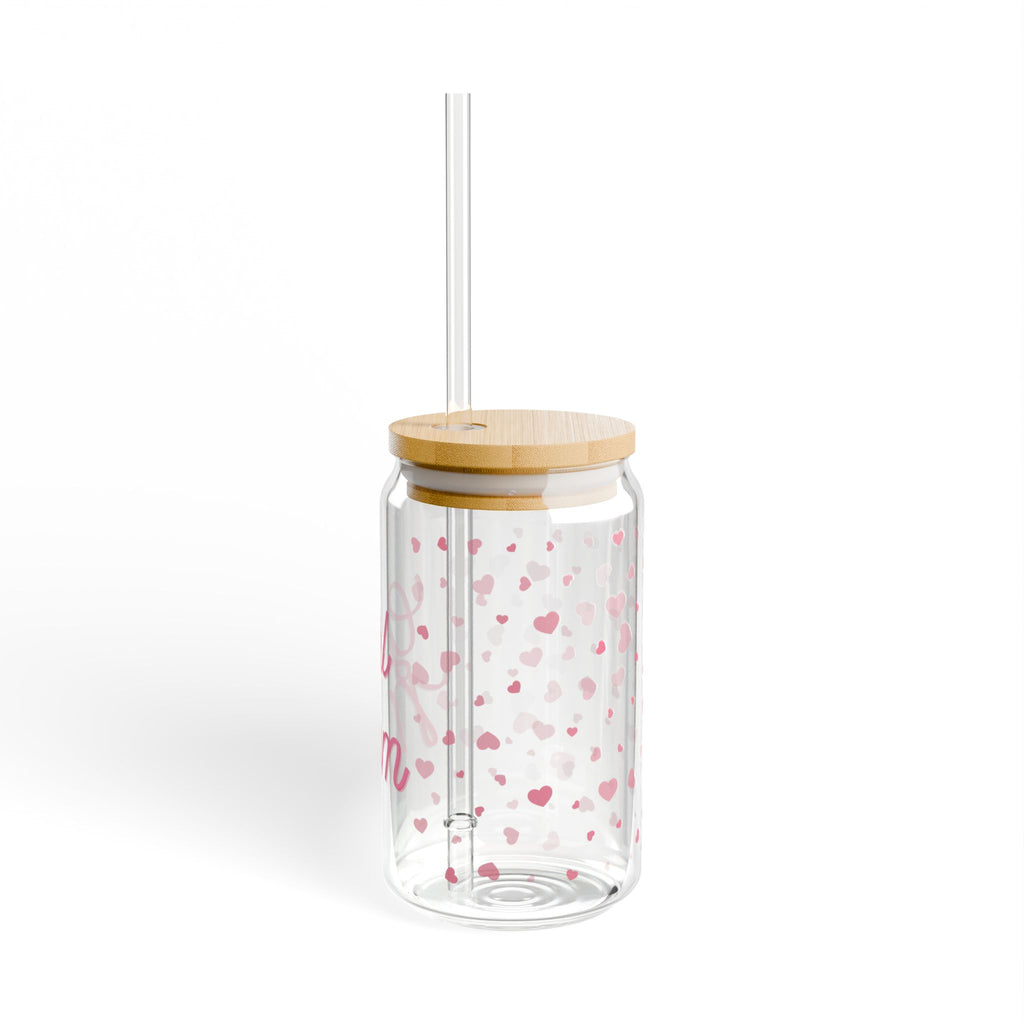 Girl Mom Sipper Glass - 16oz Heart Pattern Bamboo Lid Straw Cup