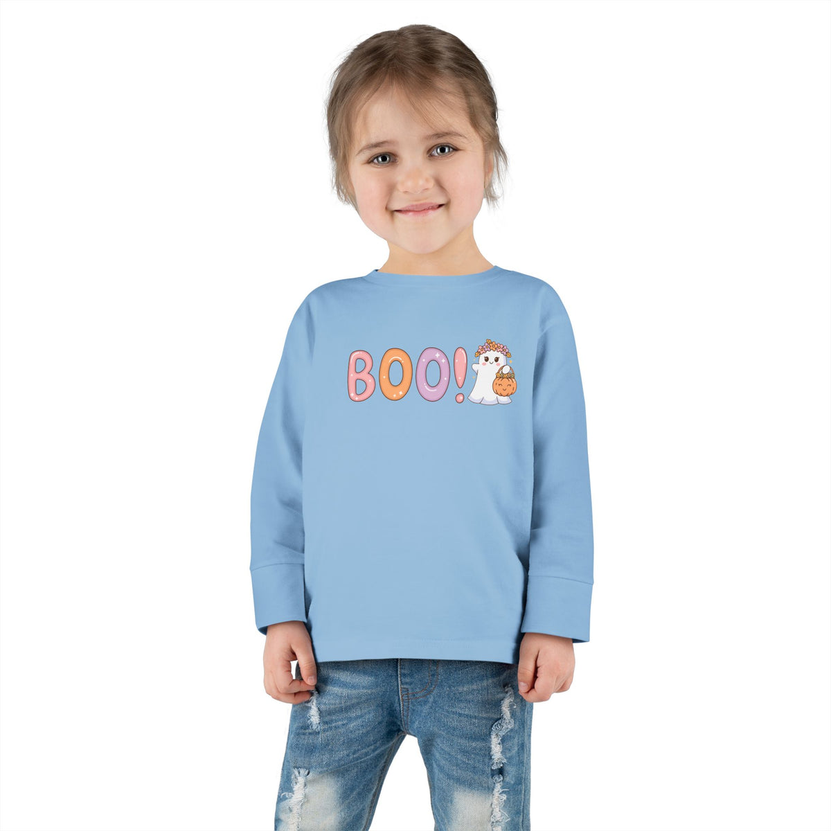 Toddler Long Sleeve Tee — Cute "Boo!" Halloween Ghost & Pumpkin Shirt