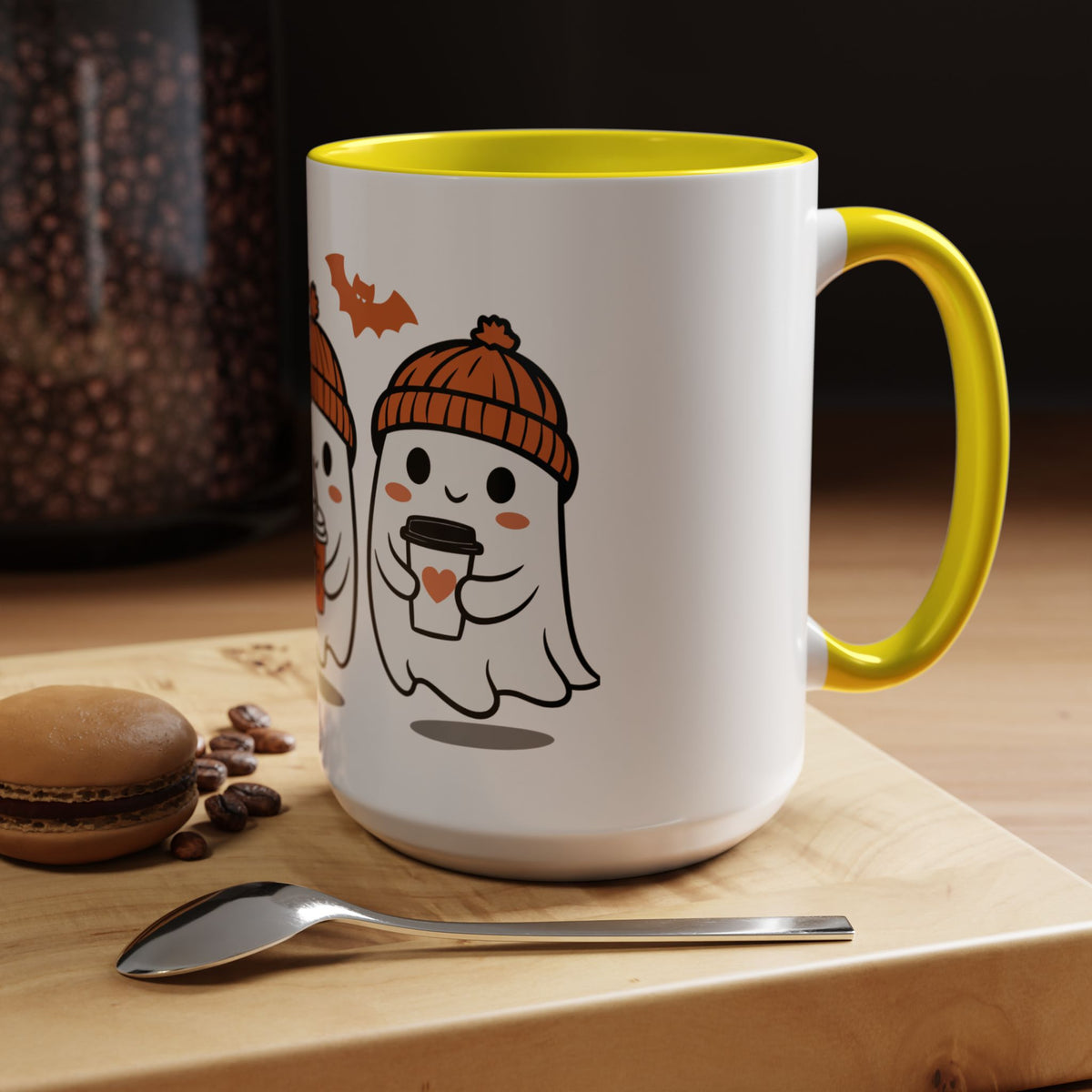 Halloween Ghosts Coffee Mug — Cute Ghosts in Knit Hats with Pumpkin Spice Drinks (11/15oz)