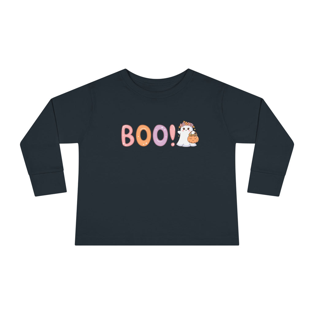 Toddler Long Sleeve Tee — Cute "Boo!" Halloween Ghost & Pumpkin Shirt