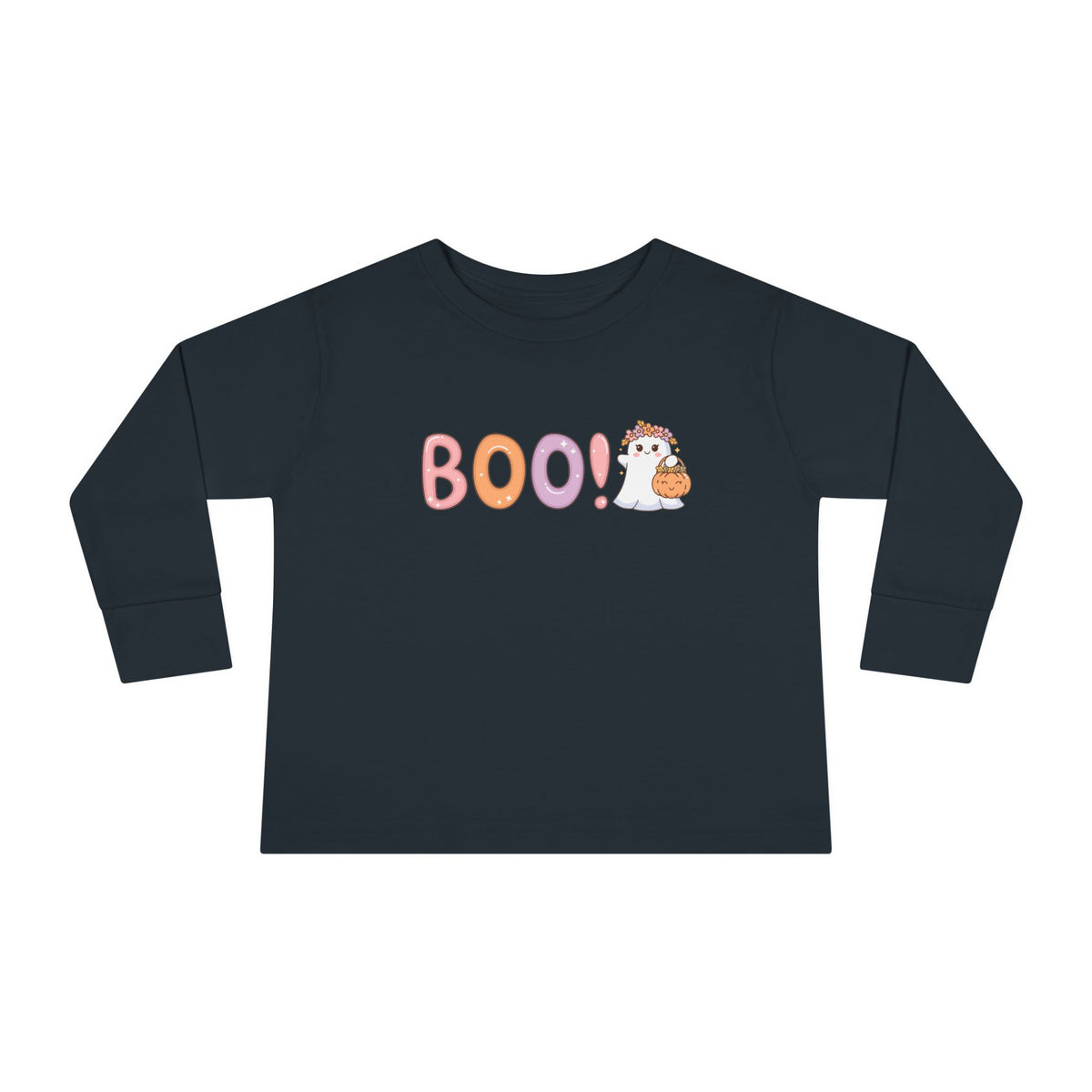 Toddler Long Sleeve Tee — Cute "Boo!" Halloween Ghost & Pumpkin Shirt