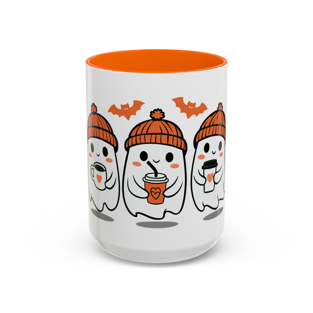 Halloween Ghosts Coffee Mug — Cute Ghosts in Knit Hats with Pumpkin Spice Drinks (11/15oz)