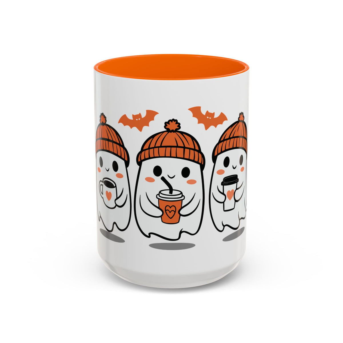 Halloween Ghosts Coffee Mug — Cute Ghosts in Knit Hats with Pumpkin Spice Drinks (11/15oz)