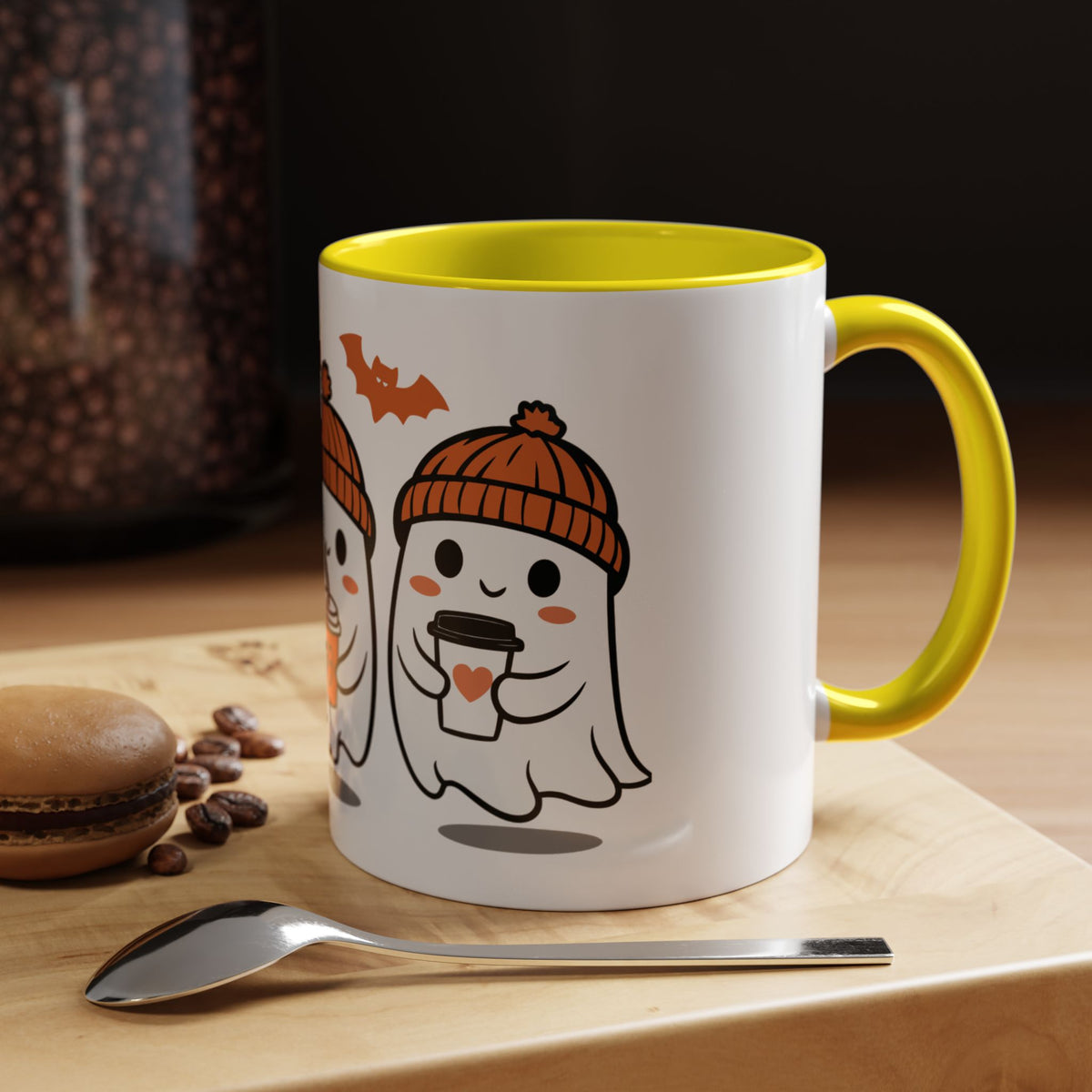 Halloween Ghosts Coffee Mug — Cute Ghosts in Knit Hats with Pumpkin Spice Drinks (11/15oz)