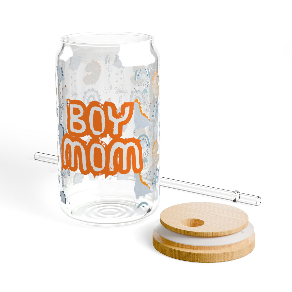 Boy Mom 16oz Sipper Glass - Cute Dino Pattern Drinking Jar with Straw