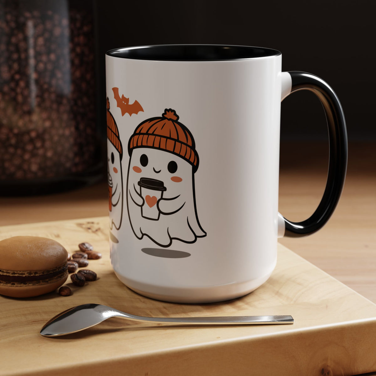 Halloween Ghosts Coffee Mug — Cute Ghosts in Knit Hats with Pumpkin Spice Drinks (11/15oz)