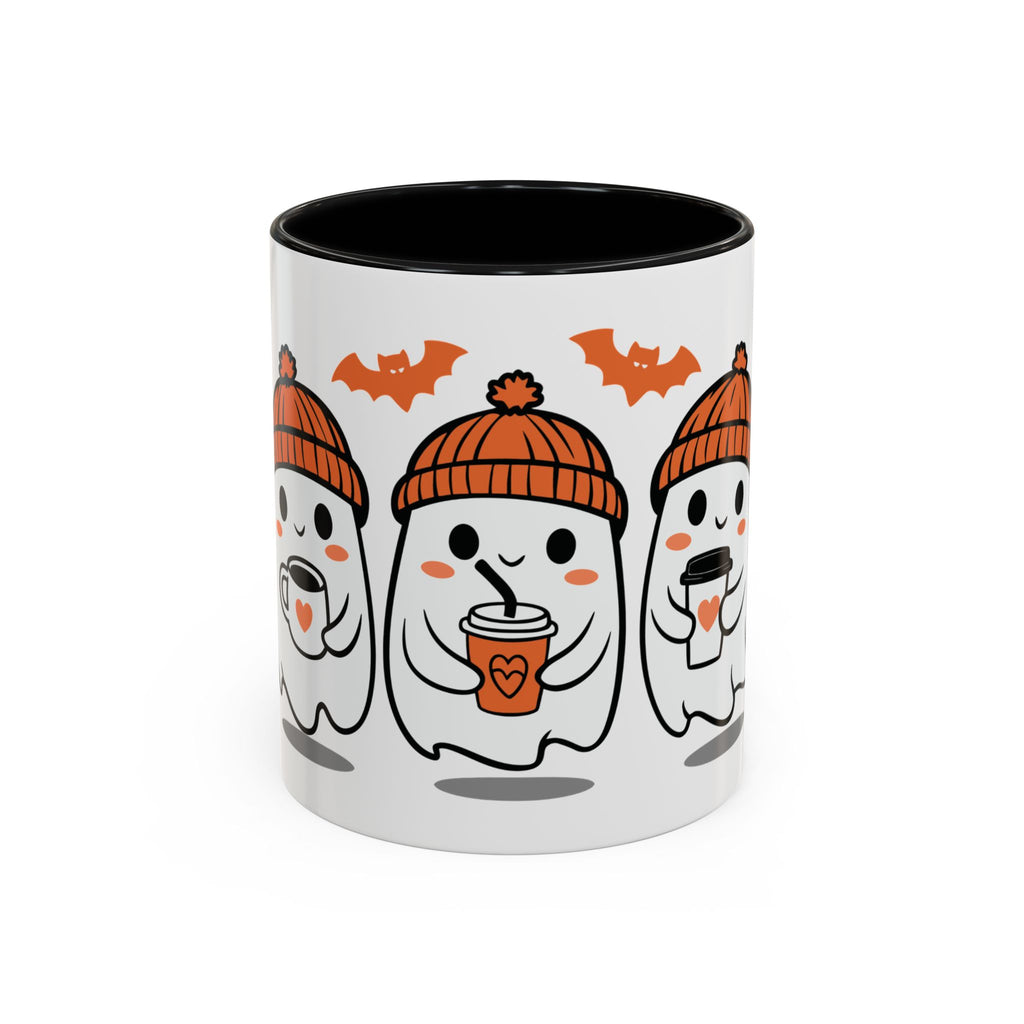 Halloween Ghosts Coffee Mug — Cute Ghosts in Knit Hats with Pumpkin Spice Drinks (11/15oz)