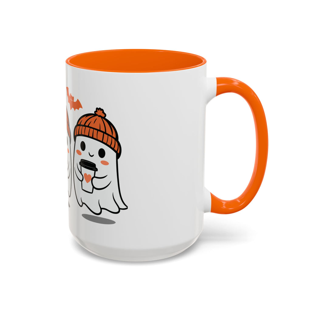 Halloween Ghosts Coffee Mug — Cute Ghosts in Knit Hats with Pumpkin Spice Drinks (11/15oz)