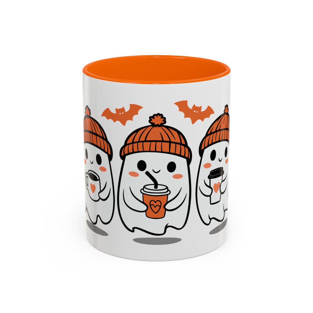 Halloween Ghosts Coffee Mug — Cute Ghosts in Knit Hats with Pumpkin Spice Drinks (11/15oz)