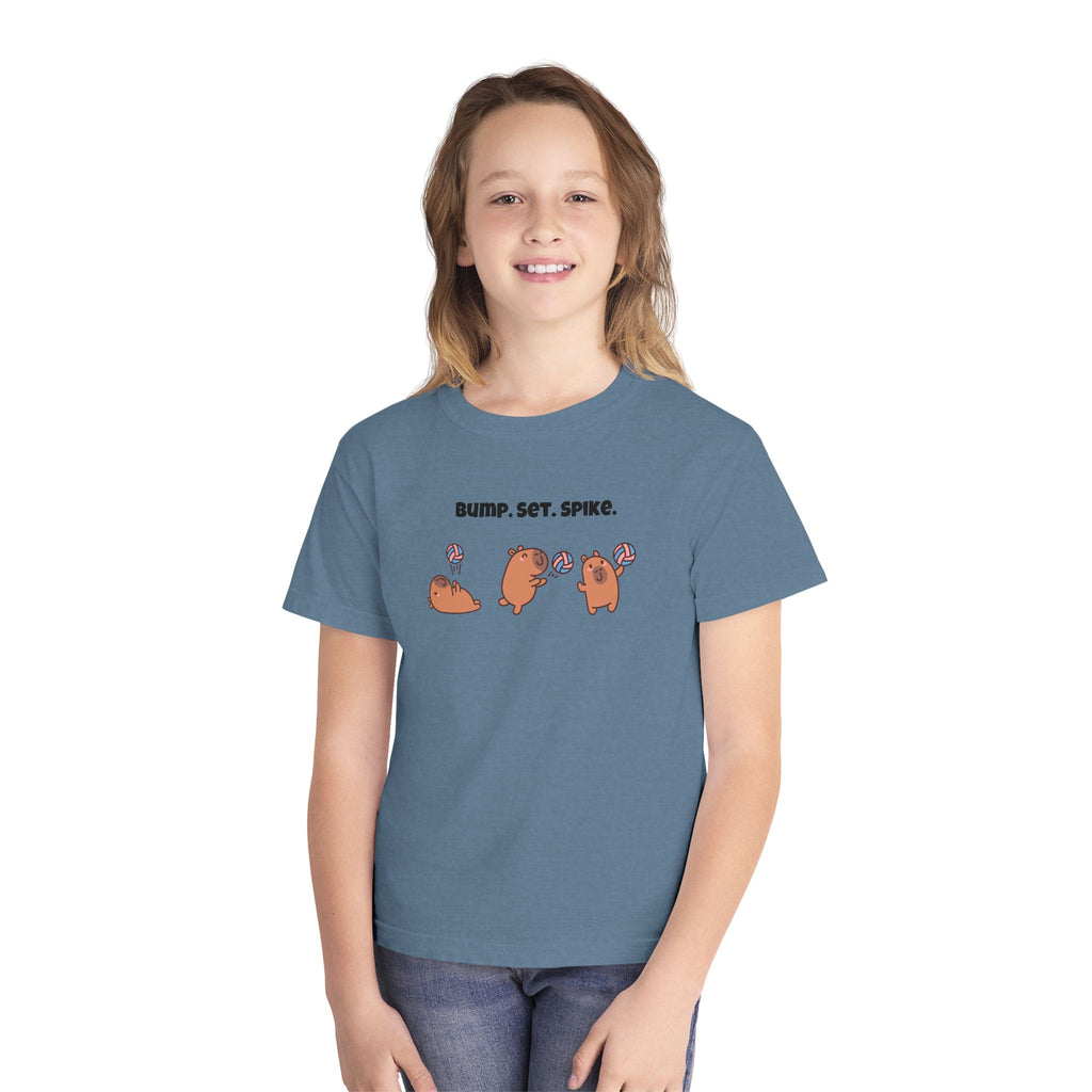 Youth Volleyball Capybara Tee - "Bump. Set. Spike." Kids Volleyball T-Shirt