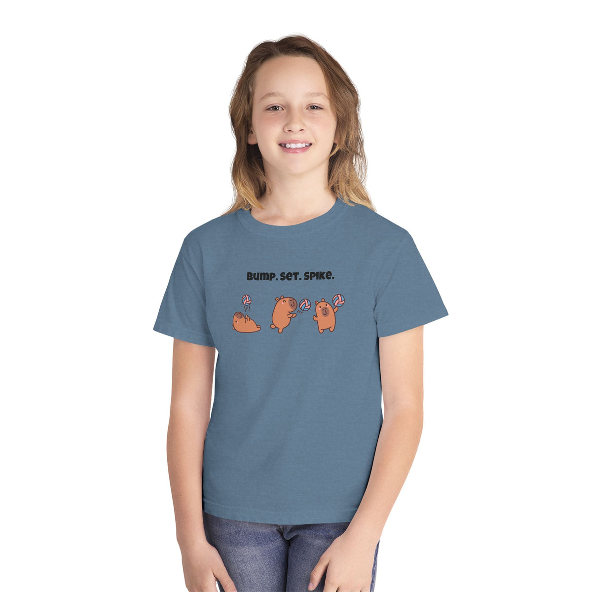 Youth Volleyball Capybara Tee - "Bump. Set. Spike." Kids Volleyball T-Shirt