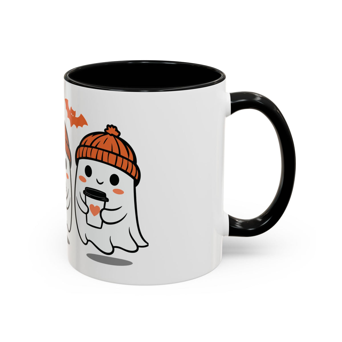 Halloween Ghosts Coffee Mug — Cute Ghosts in Knit Hats with Pumpkin Spice Drinks (11/15oz)