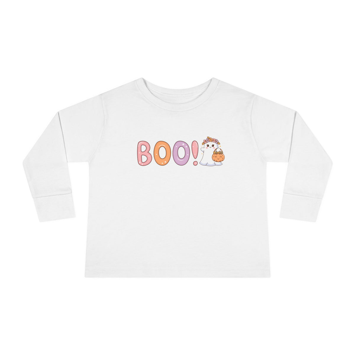 Toddler Long Sleeve Tee — Cute "Boo!" Halloween Ghost & Pumpkin Shirt