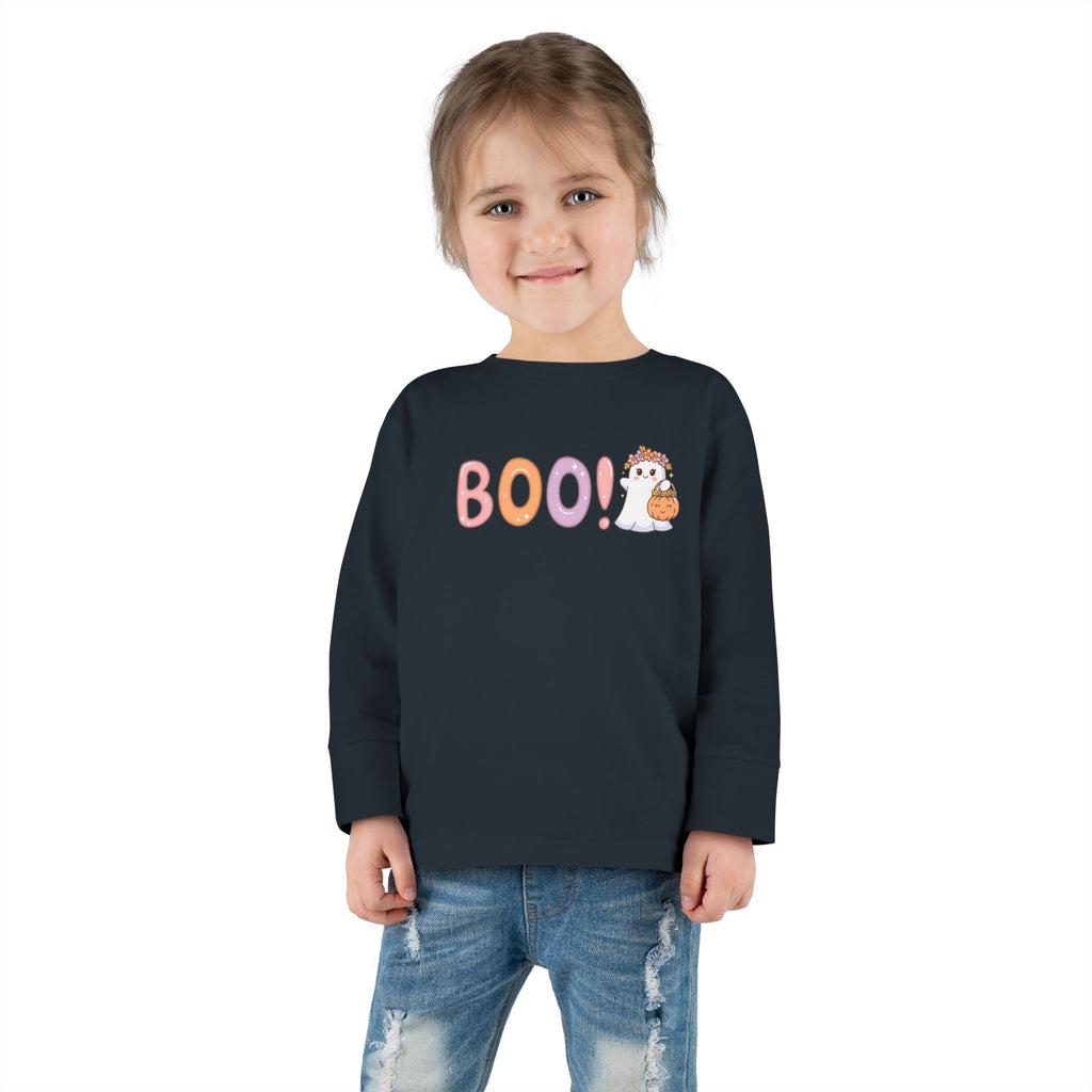 Toddler Long Sleeve Tee — Cute "Boo!" Halloween Ghost & Pumpkin Shirt