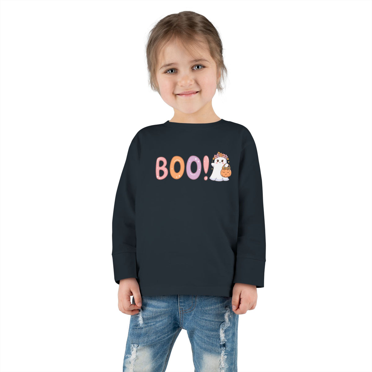 Toddler Long Sleeve Tee — Cute "Boo!" Halloween Ghost & Pumpkin Shirt