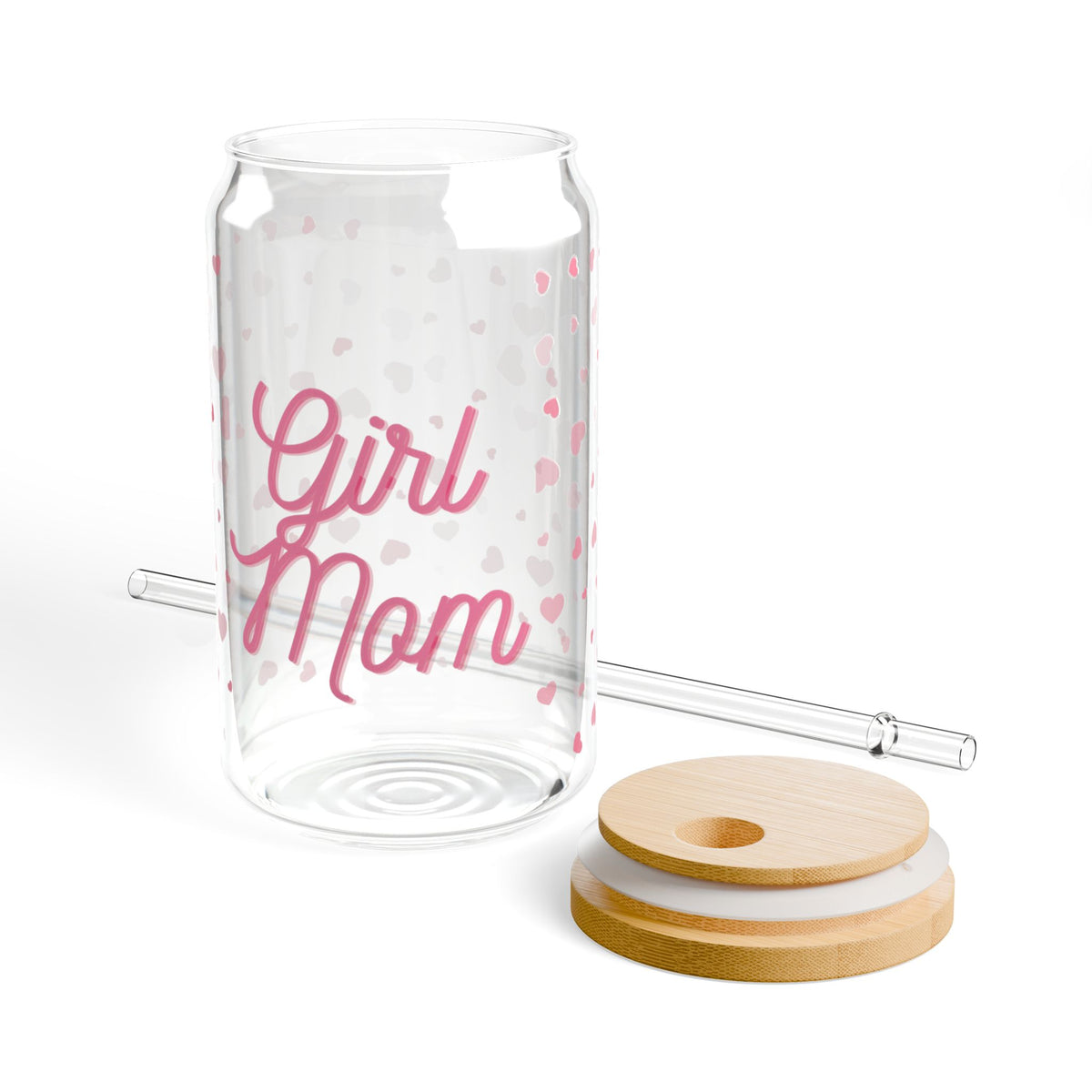 Girl Mom Sipper Glass - 16oz Heart Pattern Bamboo Lid Straw Cup