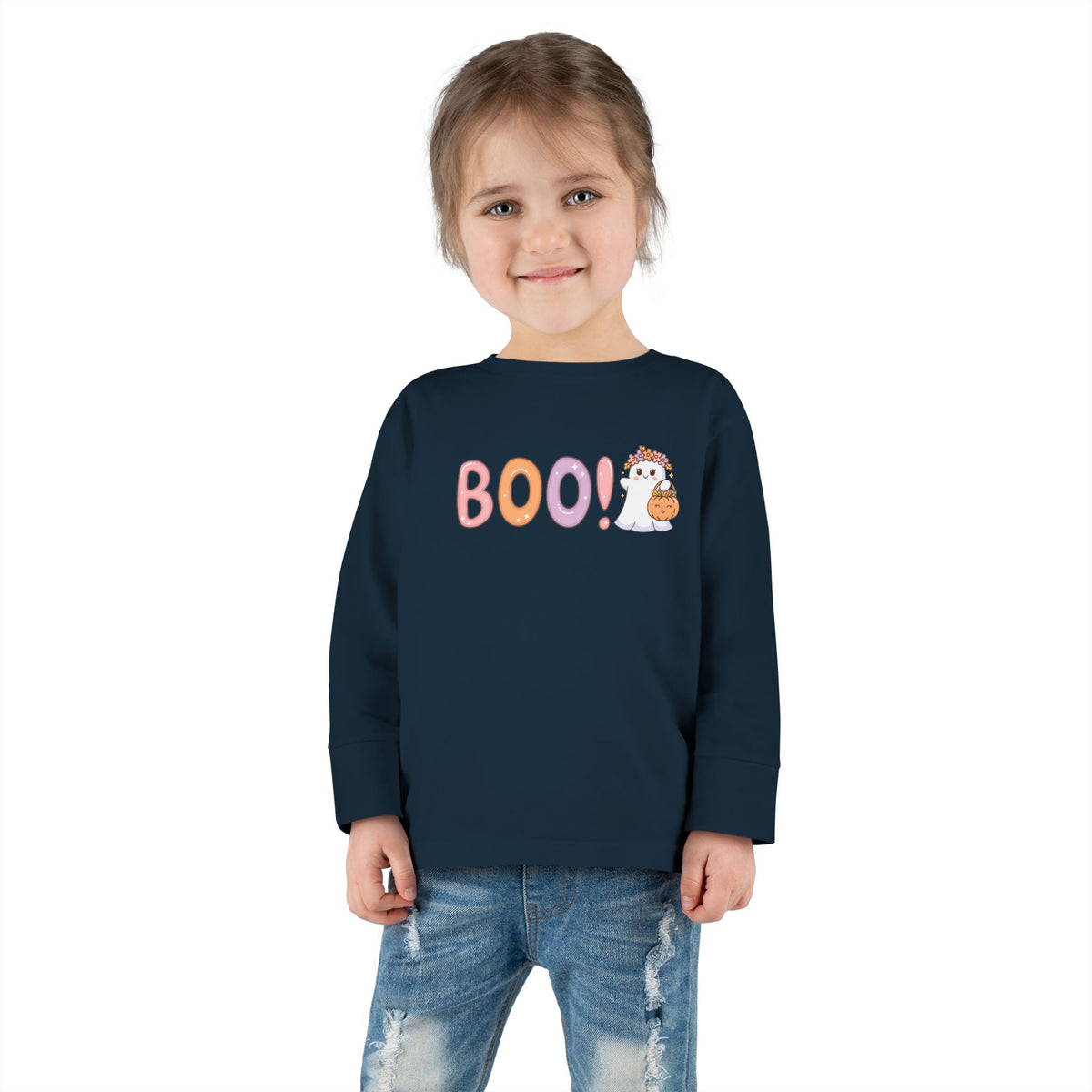 Toddler Long Sleeve Tee — Cute "Boo!" Halloween Ghost & Pumpkin Shirt