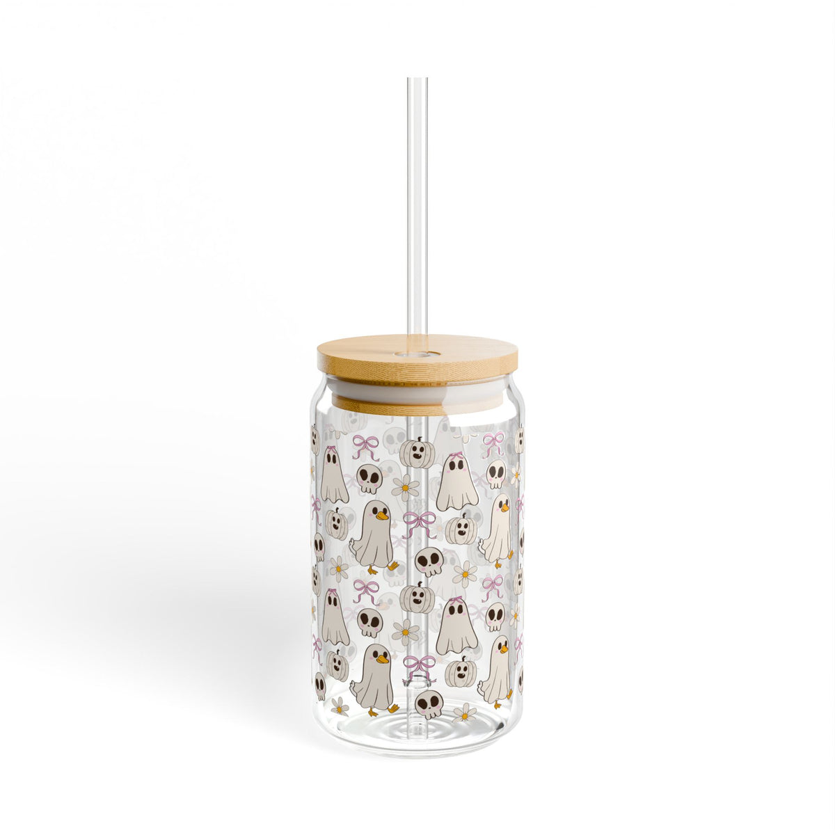 Ghost Pattern Sipper Glass — 16oz Cute Halloween Ghosts & Skulls Drink Tumbler