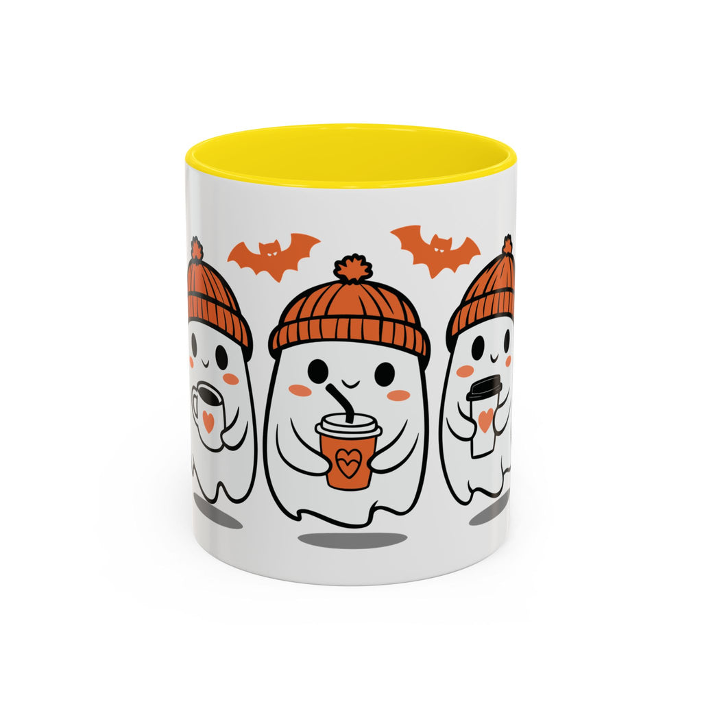 Halloween Ghosts Coffee Mug — Cute Ghosts in Knit Hats with Pumpkin Spice Drinks (11/15oz)