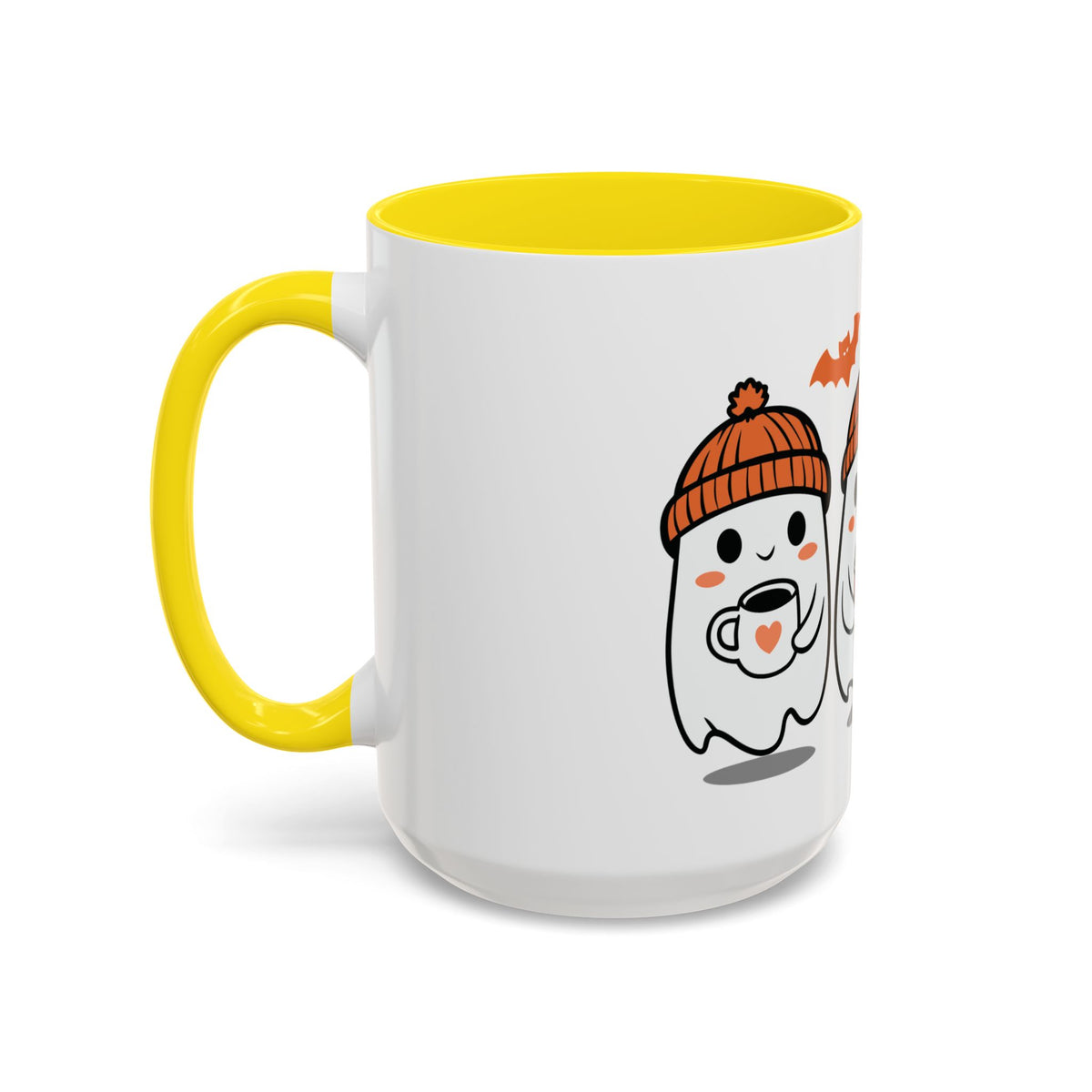 Halloween Ghosts Coffee Mug — Cute Ghosts in Knit Hats with Pumpkin Spice Drinks (11/15oz)