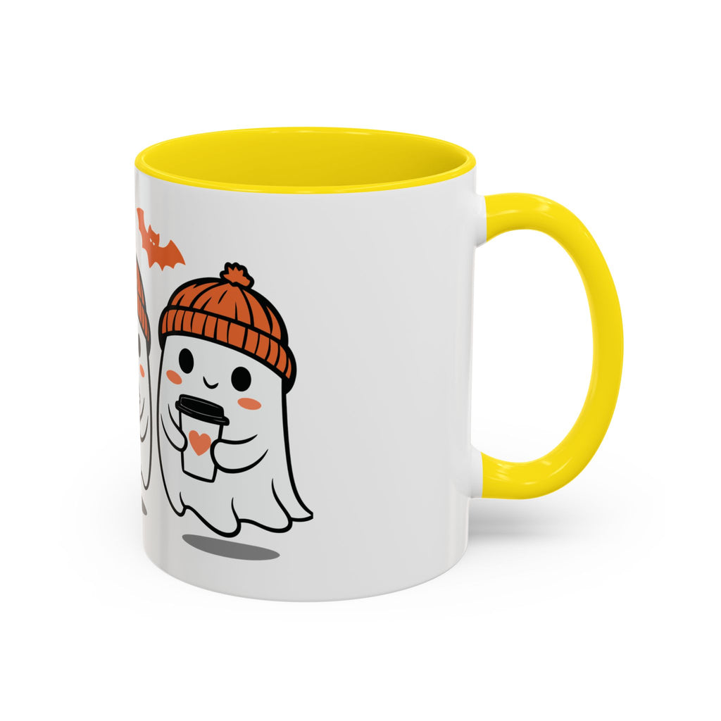 Halloween Ghosts Coffee Mug — Cute Ghosts in Knit Hats with Pumpkin Spice Drinks (11/15oz)