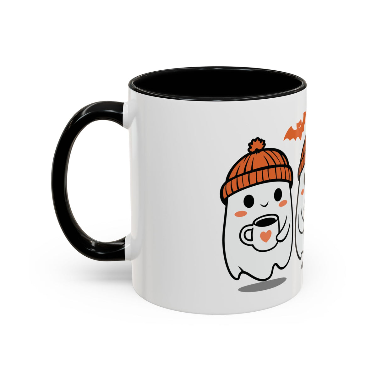 Halloween Ghosts Coffee Mug — Cute Ghosts in Knit Hats with Pumpkin Spice Drinks (11/15oz)