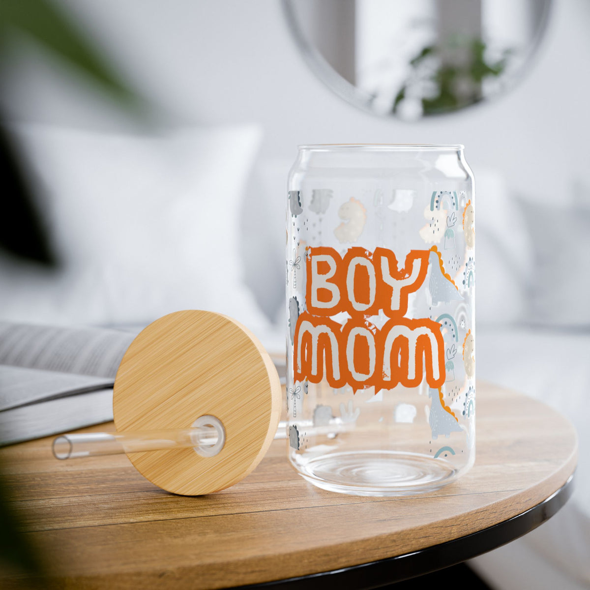 Boy Mom 16oz Sipper Glass - Cute Dino Pattern Drinking Jar with Straw