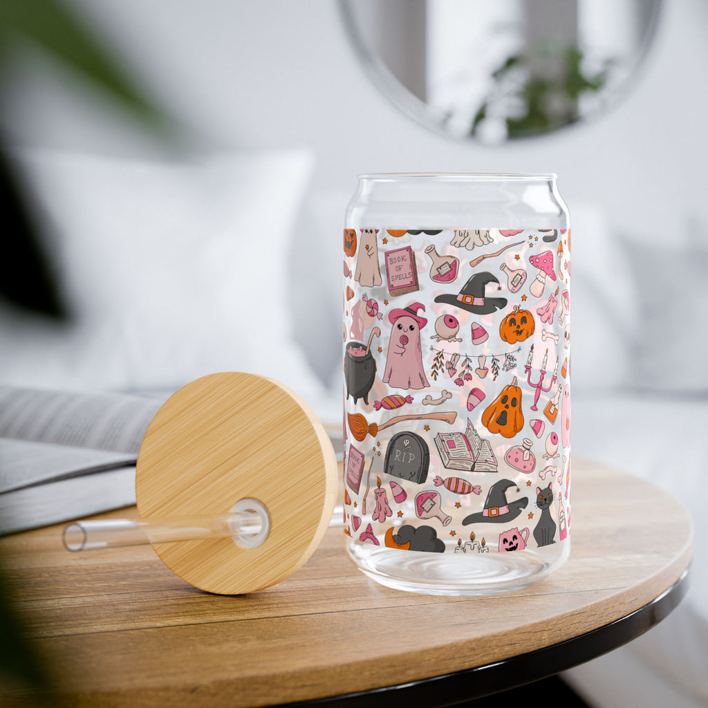 Halloween Doodle Sipper Glass — 16oz Cute Spooky Straw Tumbler