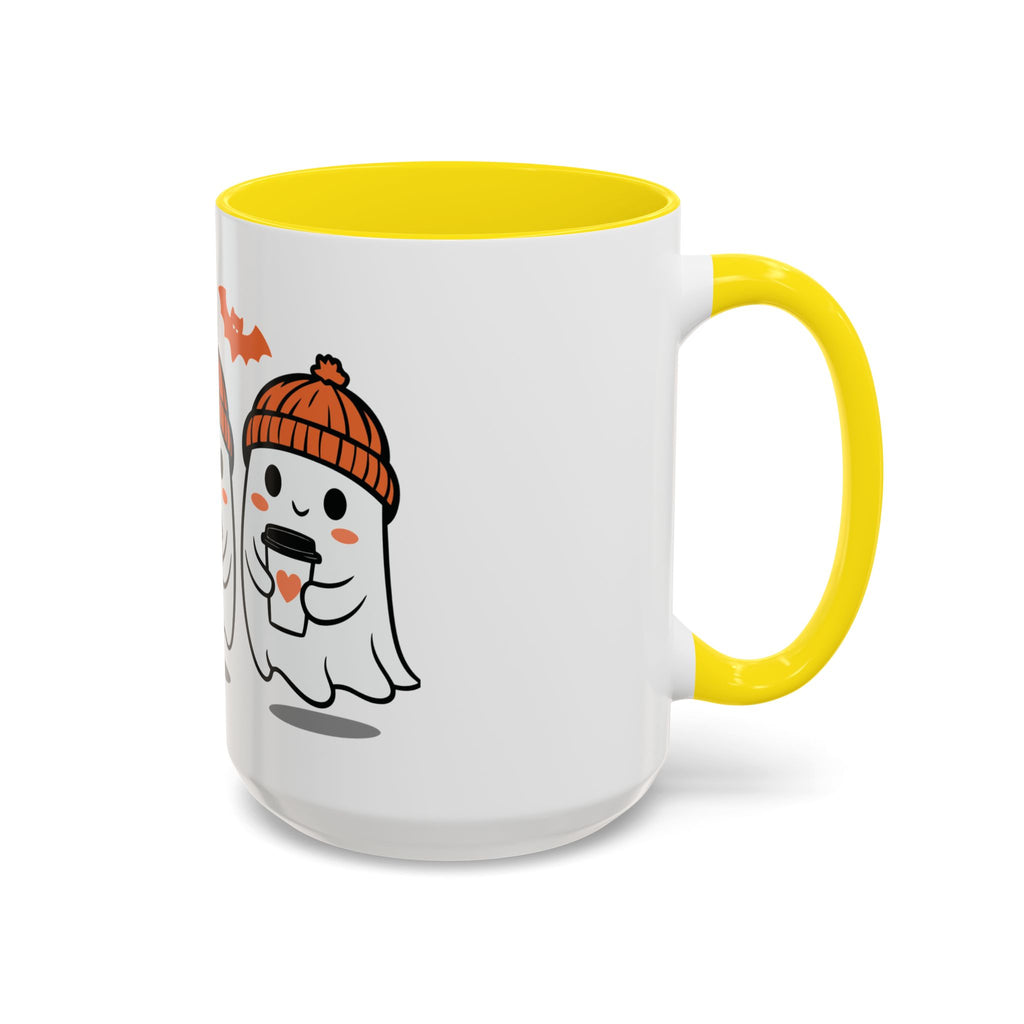 Halloween Ghosts Coffee Mug — Cute Ghosts in Knit Hats with Pumpkin Spice Drinks (11/15oz)
