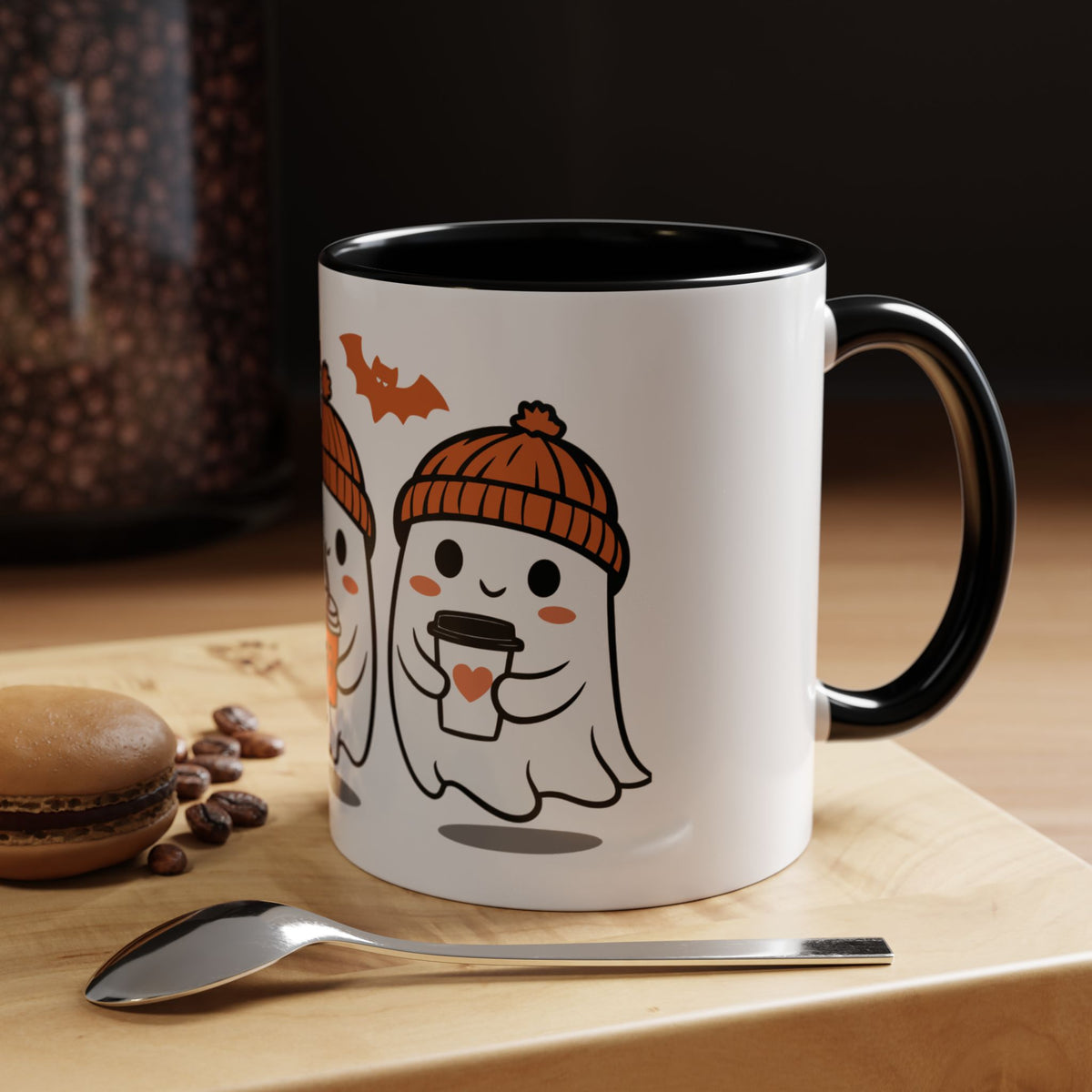 Halloween Ghosts Coffee Mug — Cute Ghosts in Knit Hats with Pumpkin Spice Drinks (11/15oz)