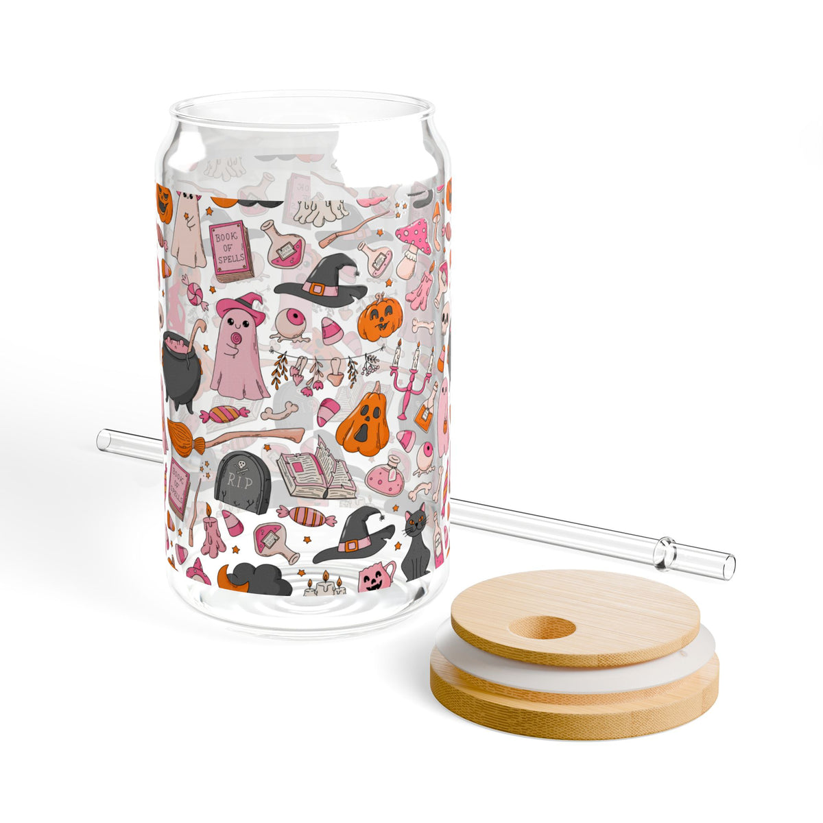 Halloween Doodle Sipper Glass — 16oz Cute Spooky Straw Tumbler