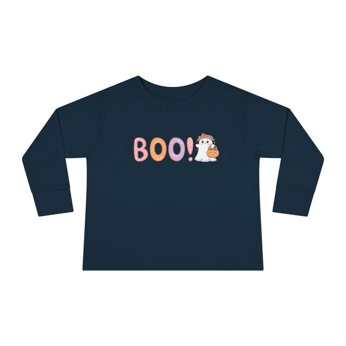 Toddler Long Sleeve Tee — Cute "Boo!" Halloween Ghost & Pumpkin Shirt