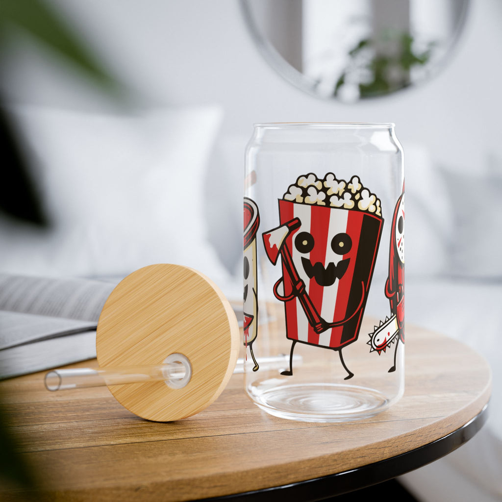 Cute Haunted Movie Night Sipper Glass (16oz) — Kawaii Popcorn & Soda Halloween Design