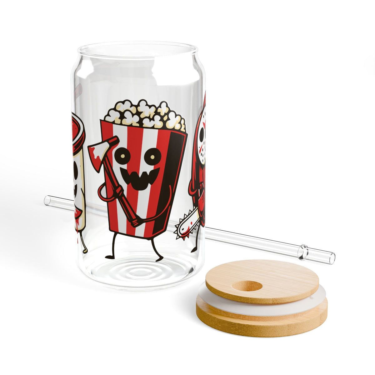Cute Haunted Movie Night Sipper Glass (16oz) — Kawaii Popcorn & Soda Halloween Design