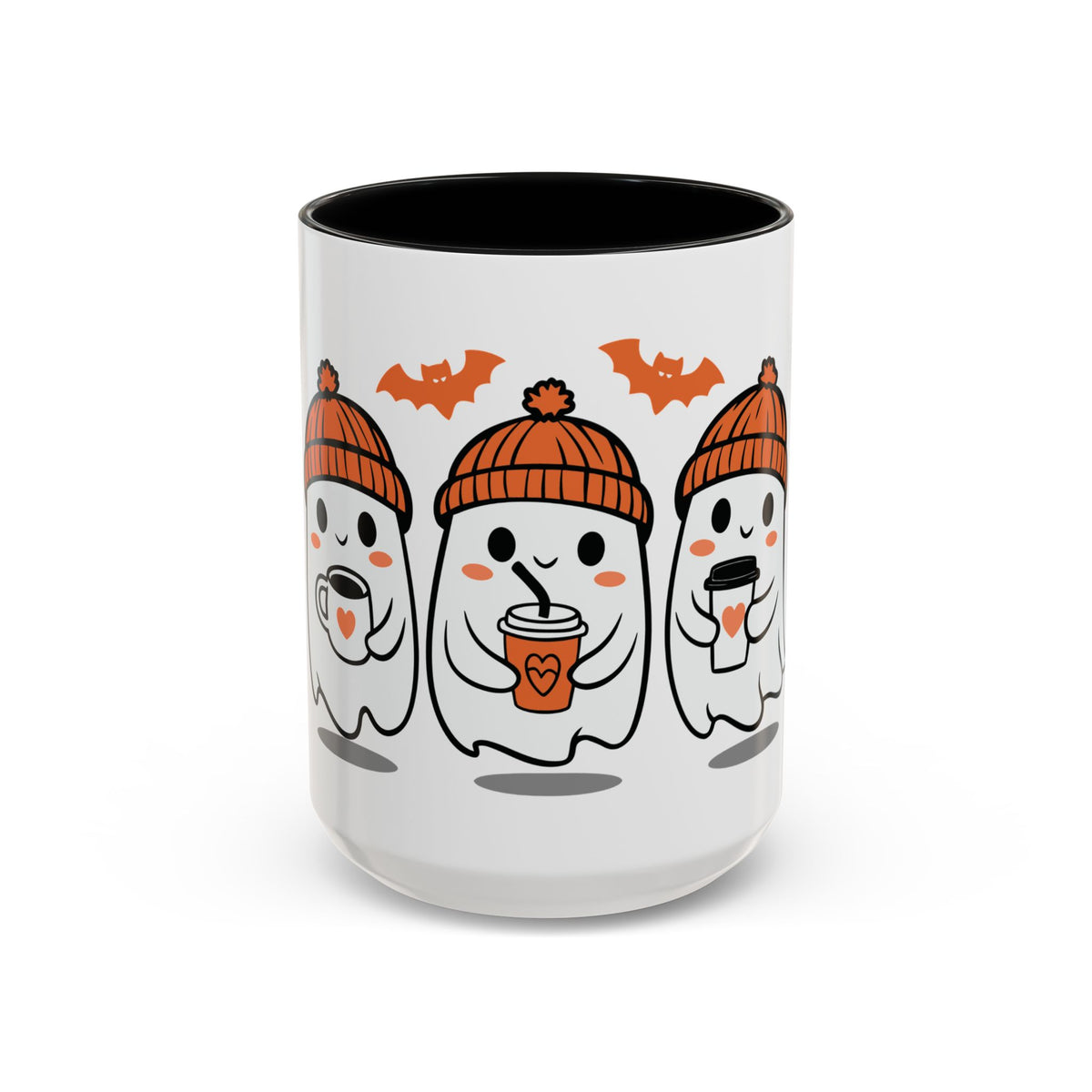 Halloween Ghosts Coffee Mug — Cute Ghosts in Knit Hats with Pumpkin Spice Drinks (11/15oz)