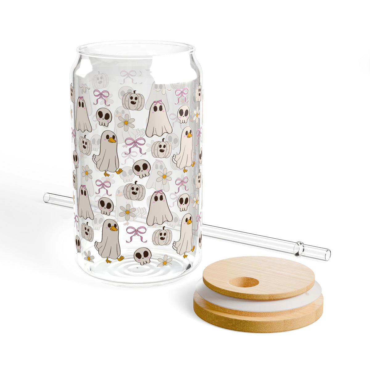 Ghost Pattern Sipper Glass — 16oz Cute Halloween Ghosts & Skulls Drink Tumbler