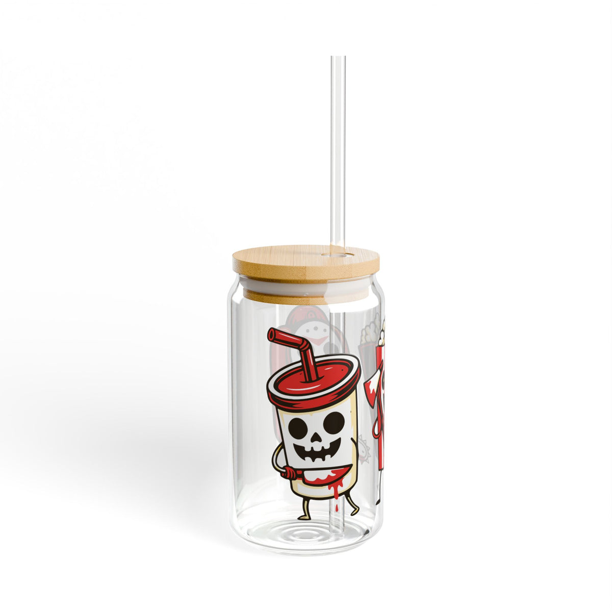 Cute Haunted Movie Night Sipper Glass (16oz) — Kawaii Popcorn & Soda Halloween Design