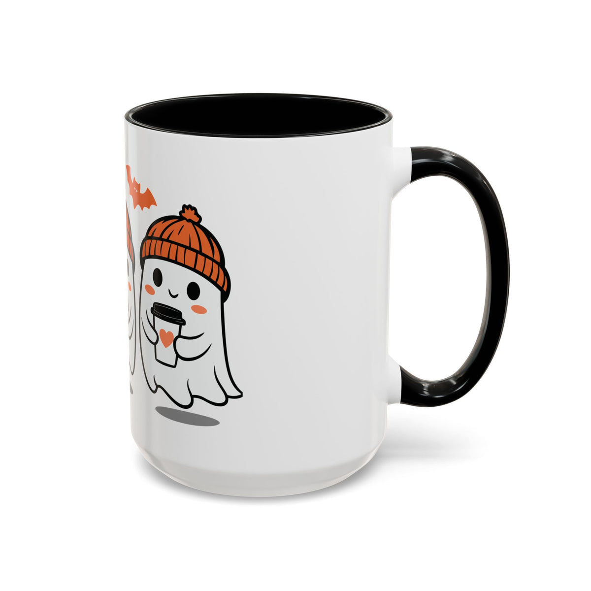 Halloween Ghosts Coffee Mug — Cute Ghosts in Knit Hats with Pumpkin Spice Drinks (11/15oz)
