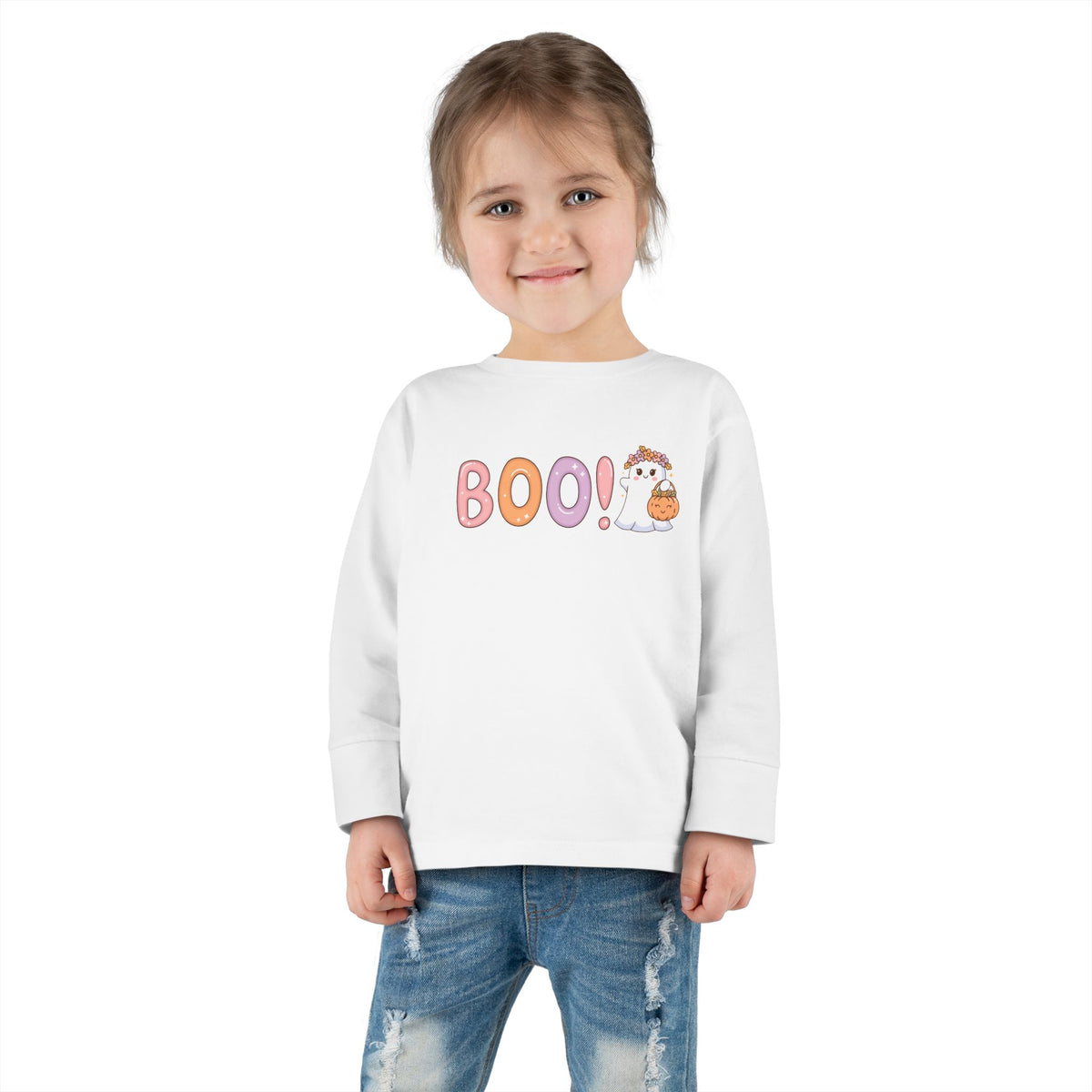 Toddler Long Sleeve Tee — Cute "Boo!" Halloween Ghost & Pumpkin Shirt