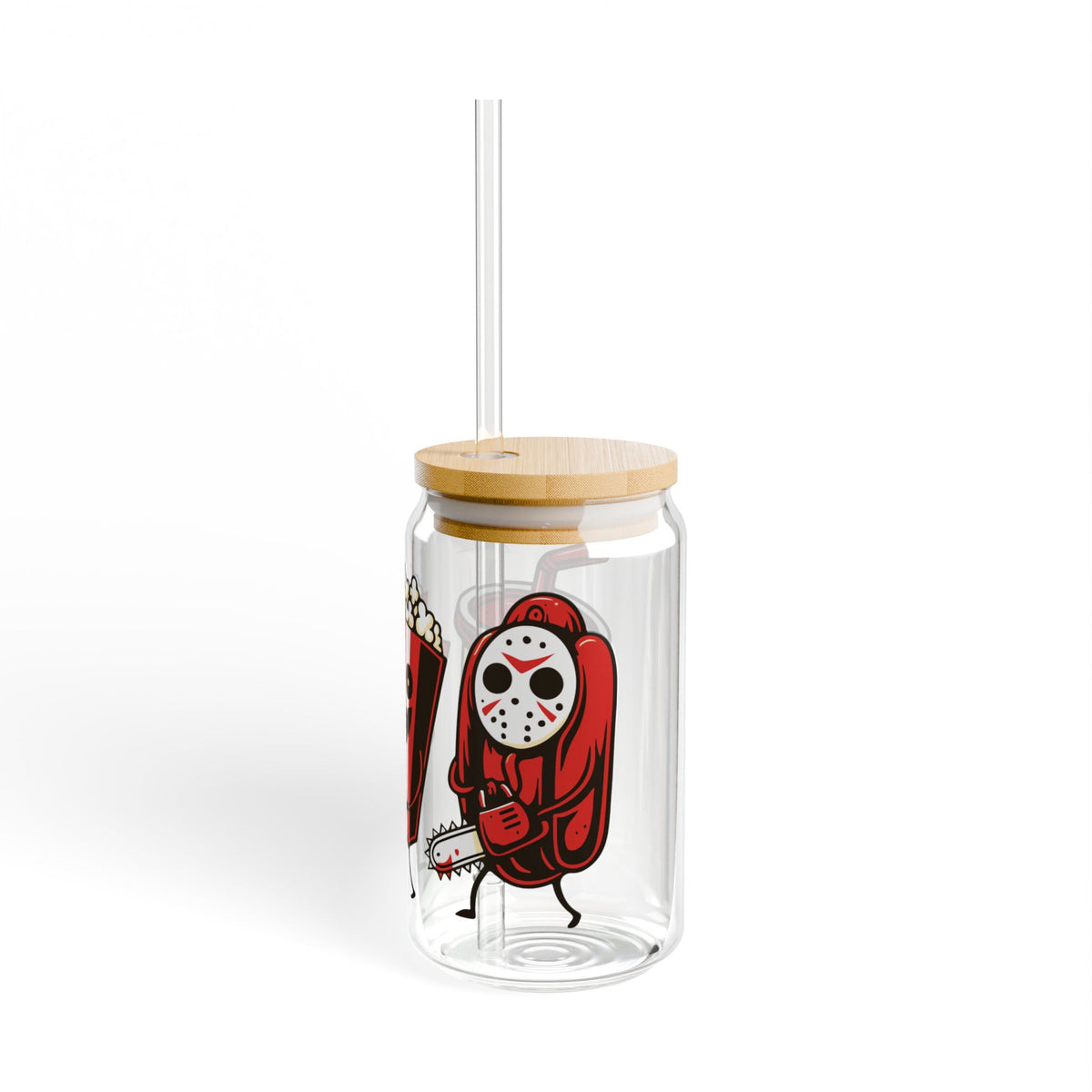 Cute Haunted Movie Night Sipper Glass (16oz) — Kawaii Popcorn & Soda Halloween Design