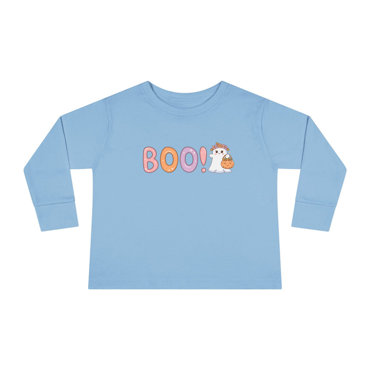 Toddler Long Sleeve Tee — Cute "Boo!" Halloween Ghost & Pumpkin Shirt