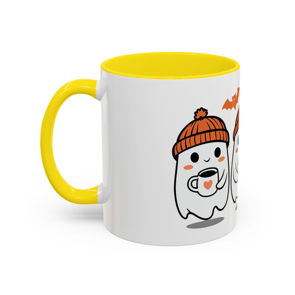 Halloween Ghosts Coffee Mug — Cute Ghosts in Knit Hats with Pumpkin Spice Drinks (11/15oz)