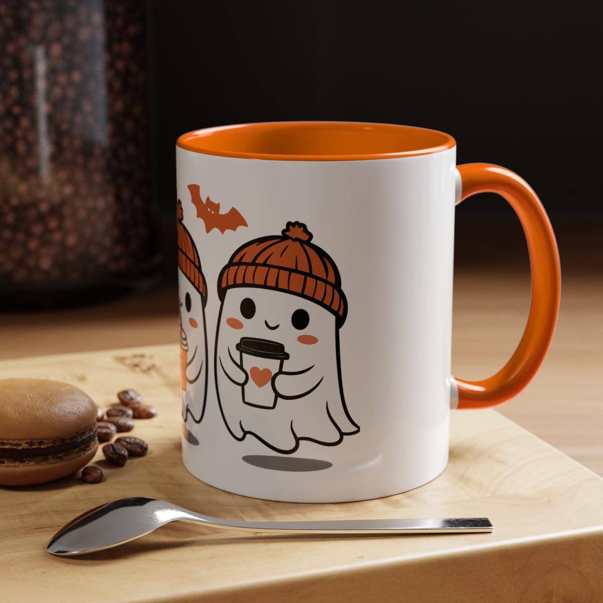 Halloween Ghosts Coffee Mug — Cute Ghosts in Knit Hats with Pumpkin Spice Drinks (11/15oz)